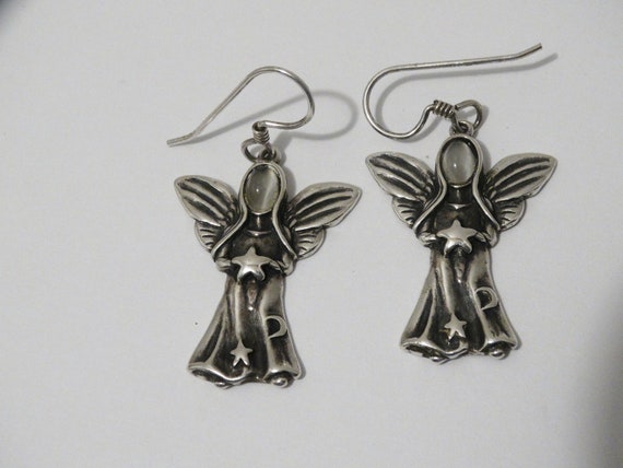 Sterling Silver Stamped Glass Face Angel Earrings. - image 1