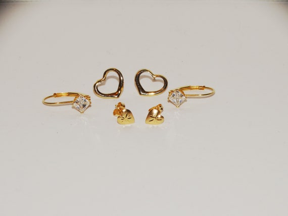 14k Yellow Gold Stamped Three Pairs Of Small Earr… - image 2