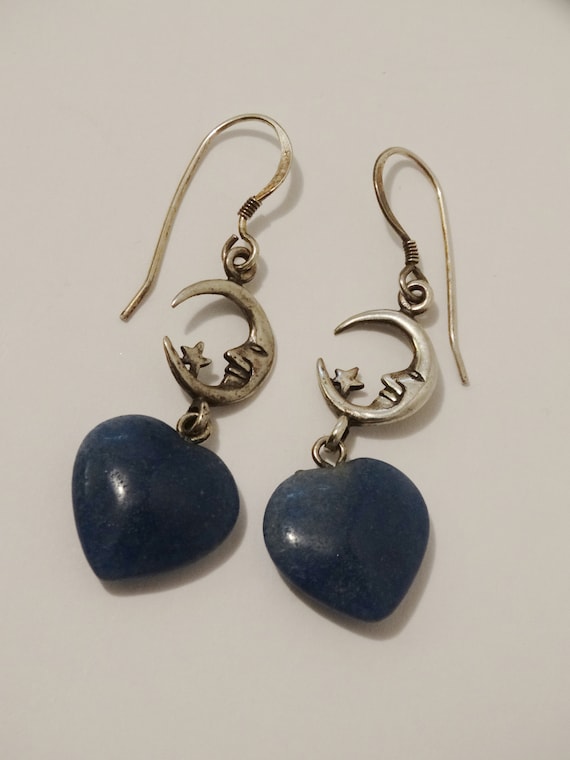 Sterling Silver Stamped Moon Star Heart Earrings. - image 1