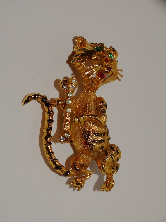 Gold Tone White & Green stones Tiger Brooch. - image 7