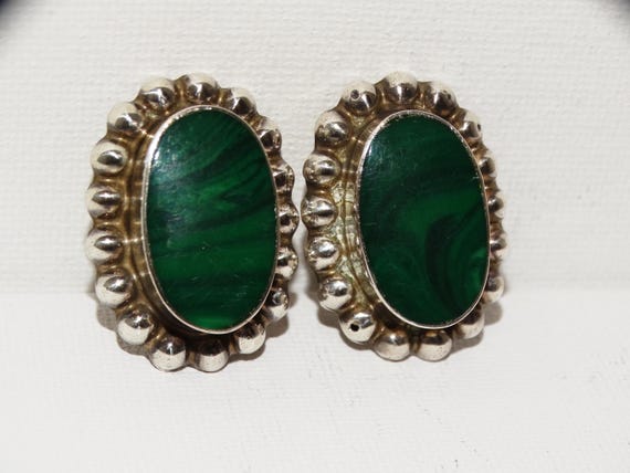 Solid Sterling Silver Green Malachite Stone Clip-… - image 1