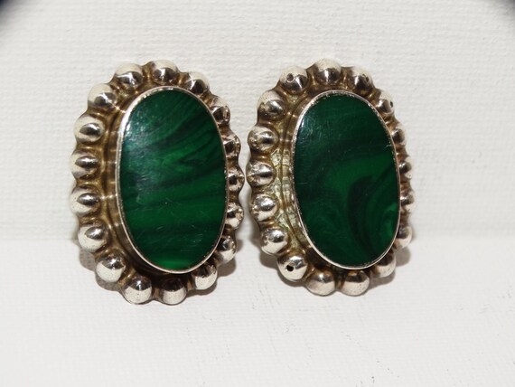 Solid Sterling Silver Green Malachite Stone Clip-… - image 2