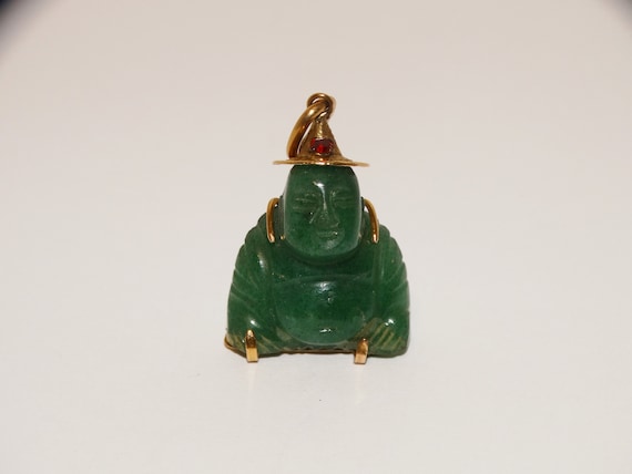 14k Gold Green Jade Buddha Pendant. - image 3