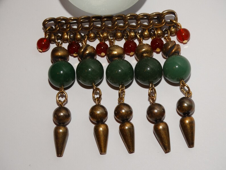 Large Brass With Dangling Geen Jade Bead Brooch.