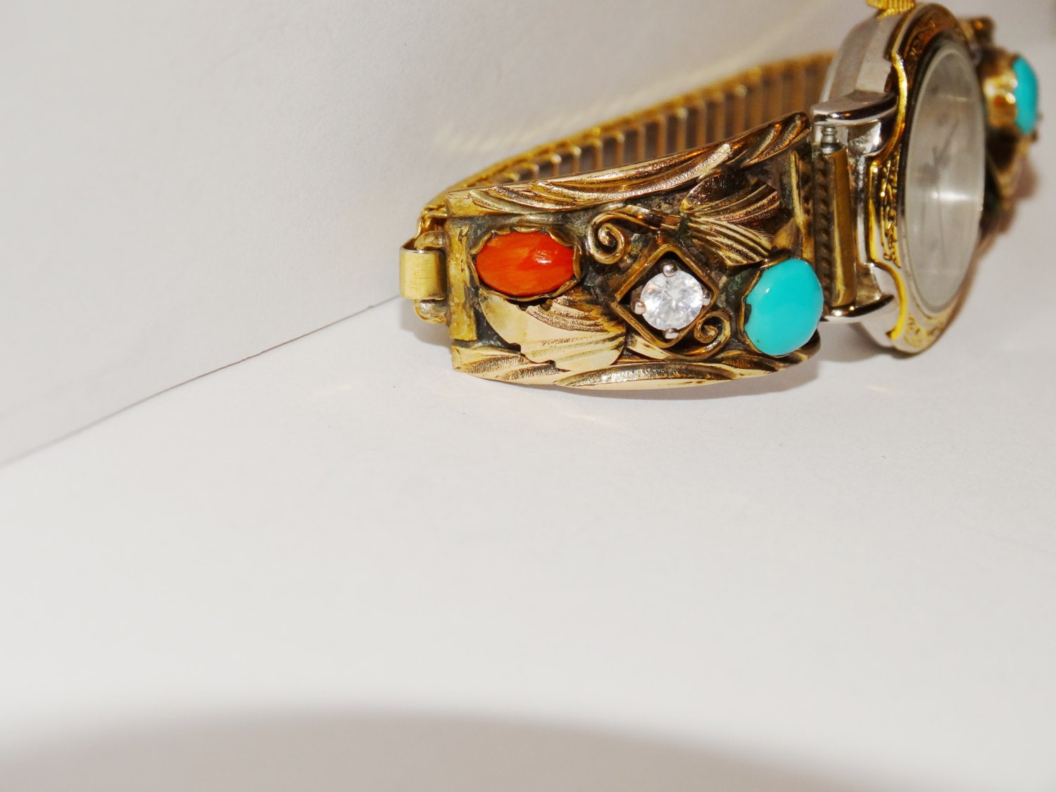 Vintage Stellar LCD Quartz Digital Watch Turquoise Coral Inlay Silver Tone Band Navajo Coral Watch - Etsy main image 2