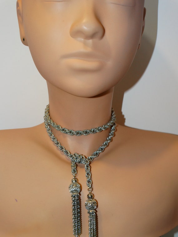 Silver Tone Rope Tassel Necklace.