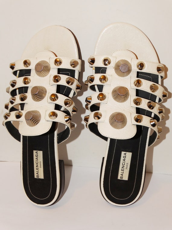 Balenciaga White Leather Size 37 Slides Studded S… - image 1