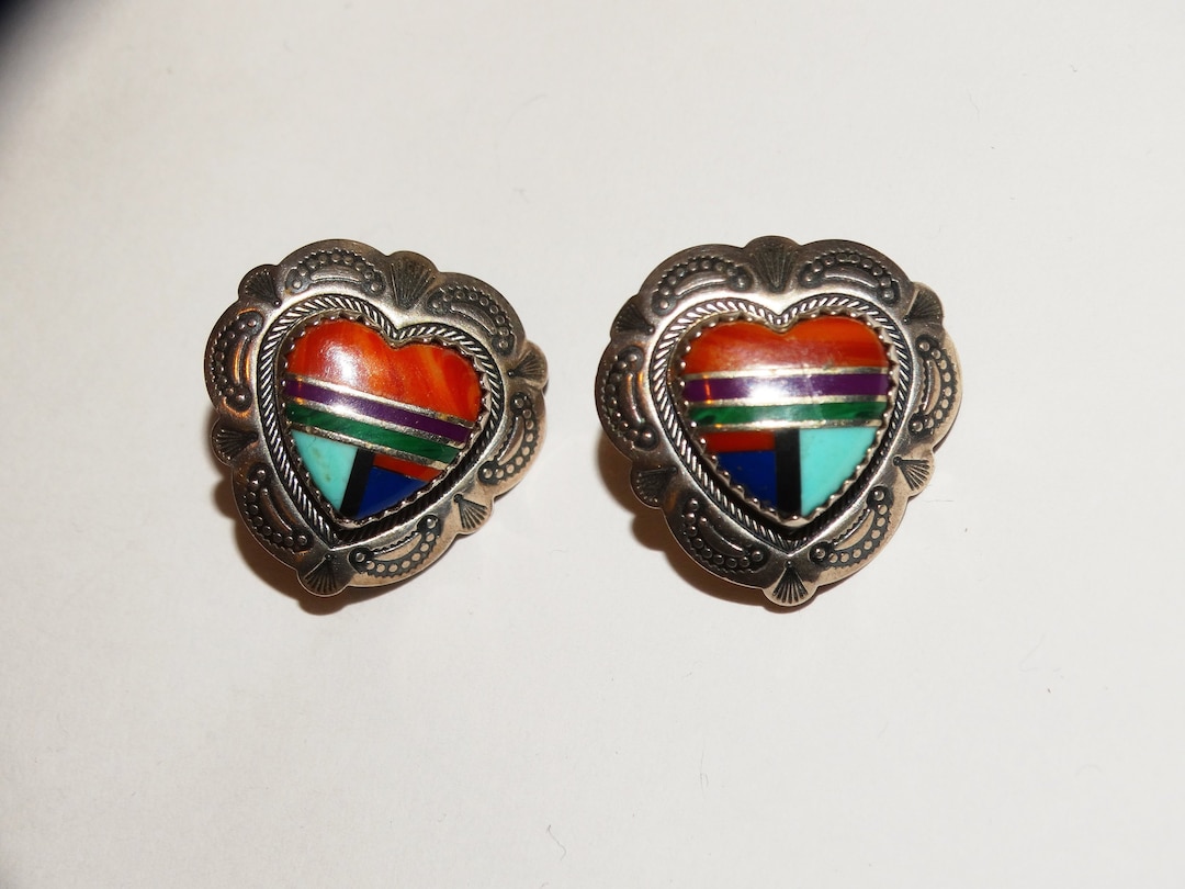 Navajo QT Signed Sterling Silver Turquoise Coral Heart