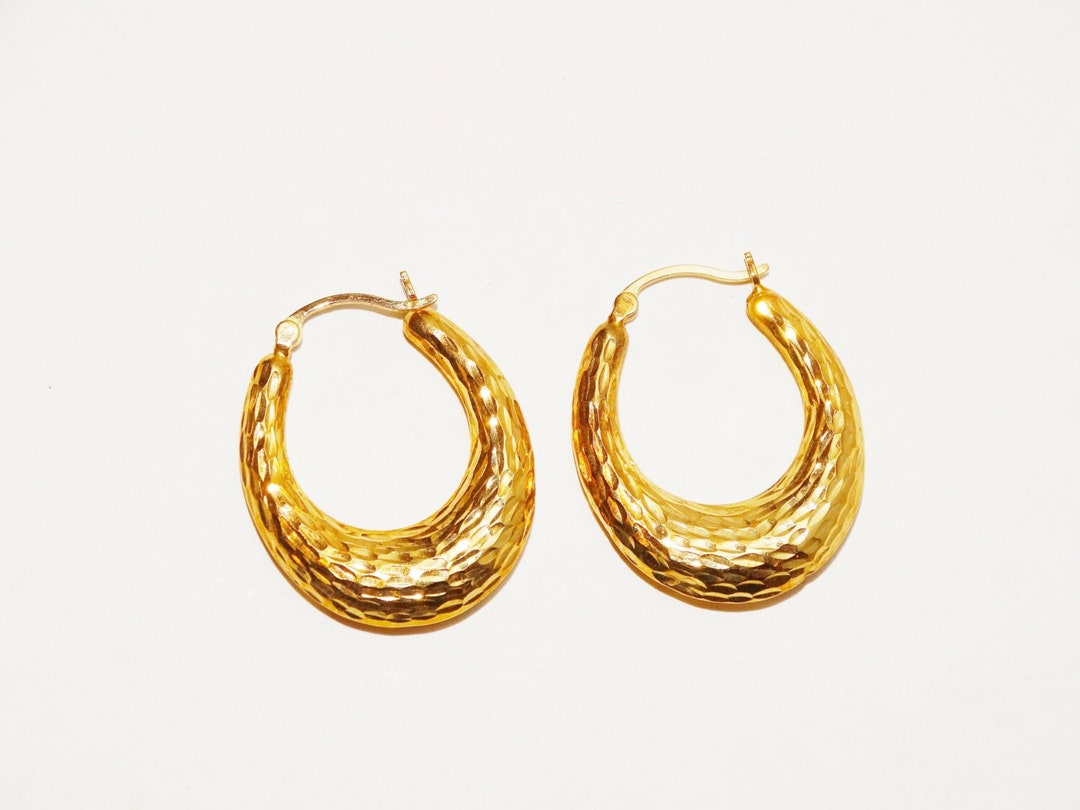 14k YG Hand Hammered 1 Hoop Earrings. - Etsy