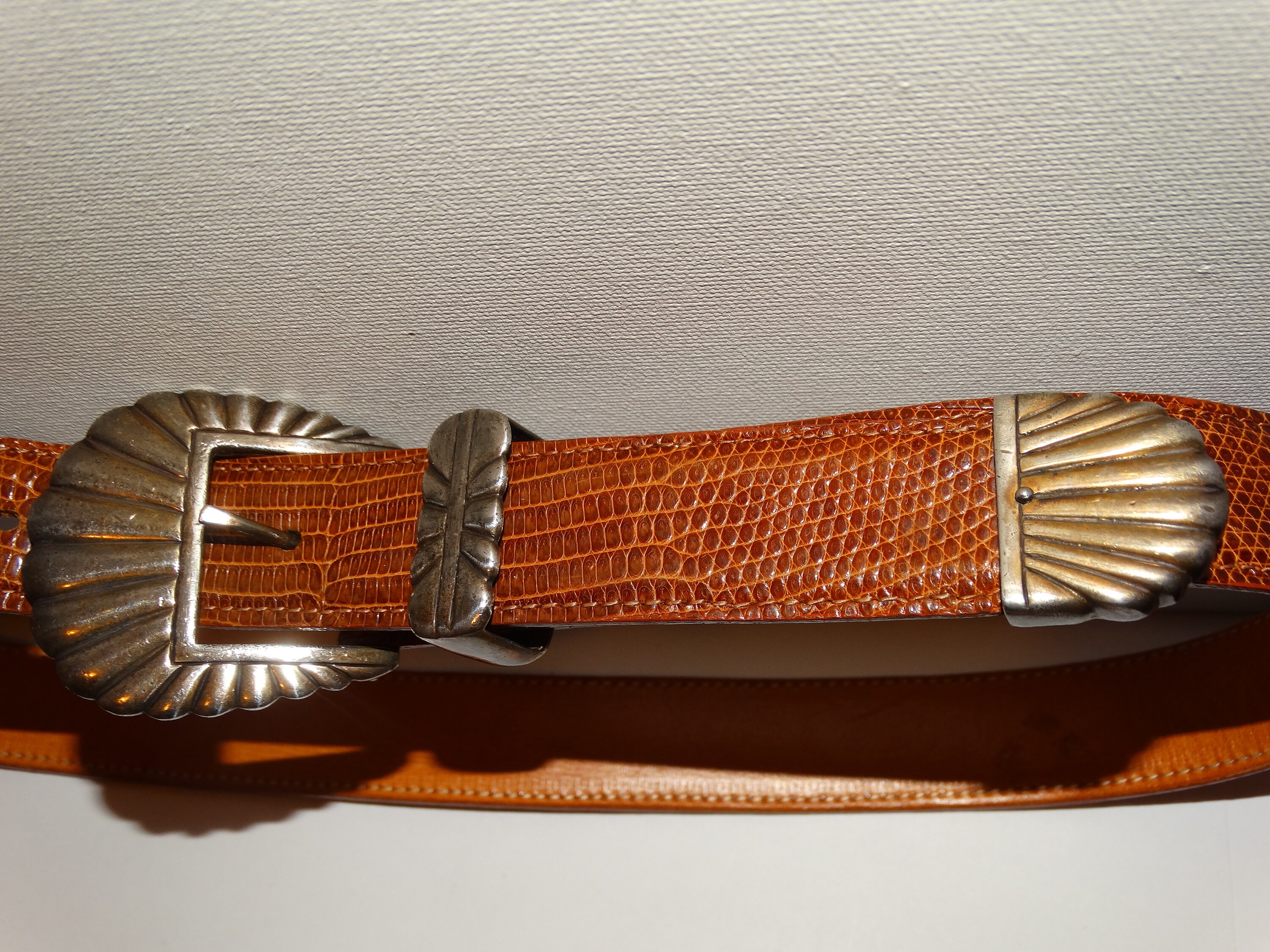 Vintage Max Lang Sterling Silver 925 Karung Snake Skin Western Mexico Tan Brown Sterling Silver Max Lang Famous Designer Peacock Design Belt  main image 4