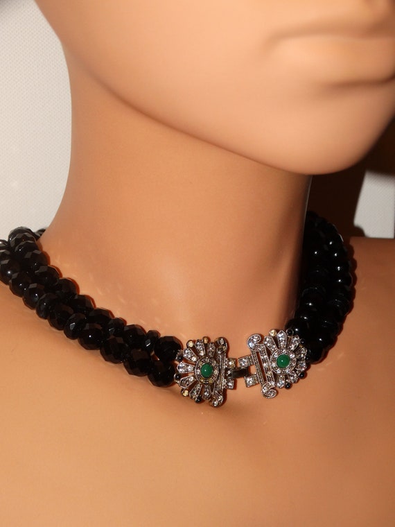 Double Strand Black Faceted Glass Bead And Rhines… - image 6