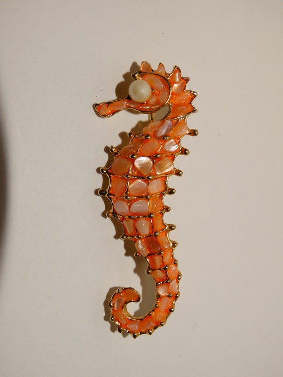 Swoboda Coral Tone And Faux Pearl Sea Horse Brooc… - image 2