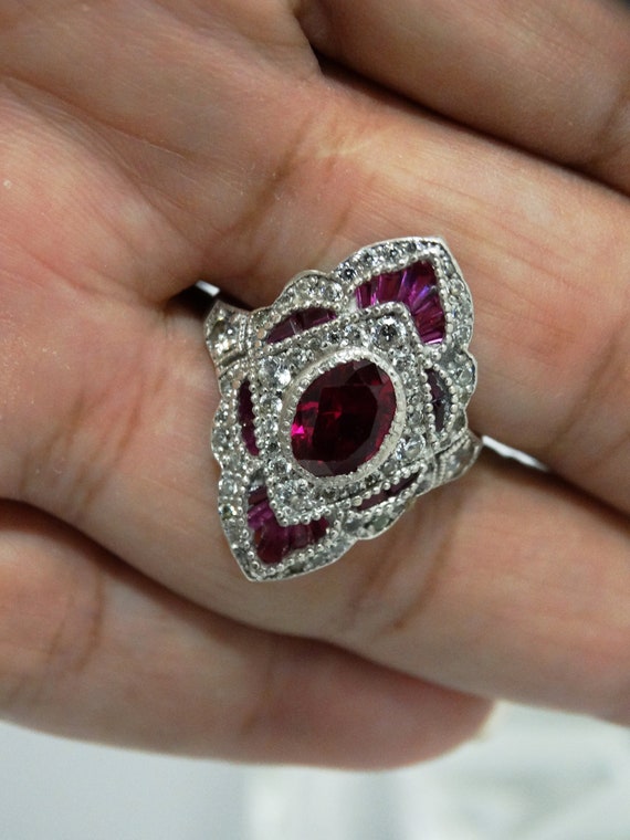 14k White Gold Ruby Baguettes and oblong Stone Ri… - image 9