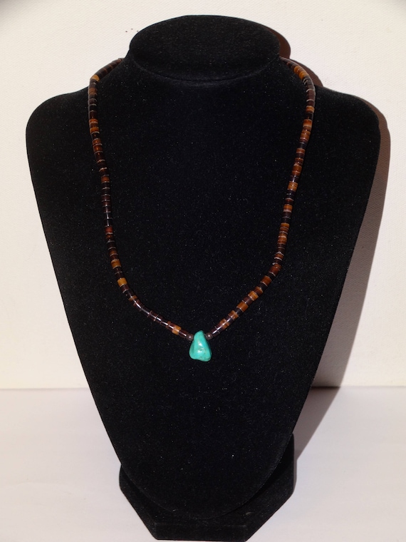 Brown Heishi Bead With Blue Turquoise Necklace.