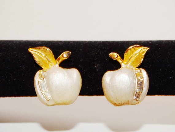 RARE Gold Tone Silver Apple with Rhinestone Earri… - image 2