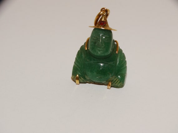 14k Gold Green Jade Buddha Pendant. - image 5