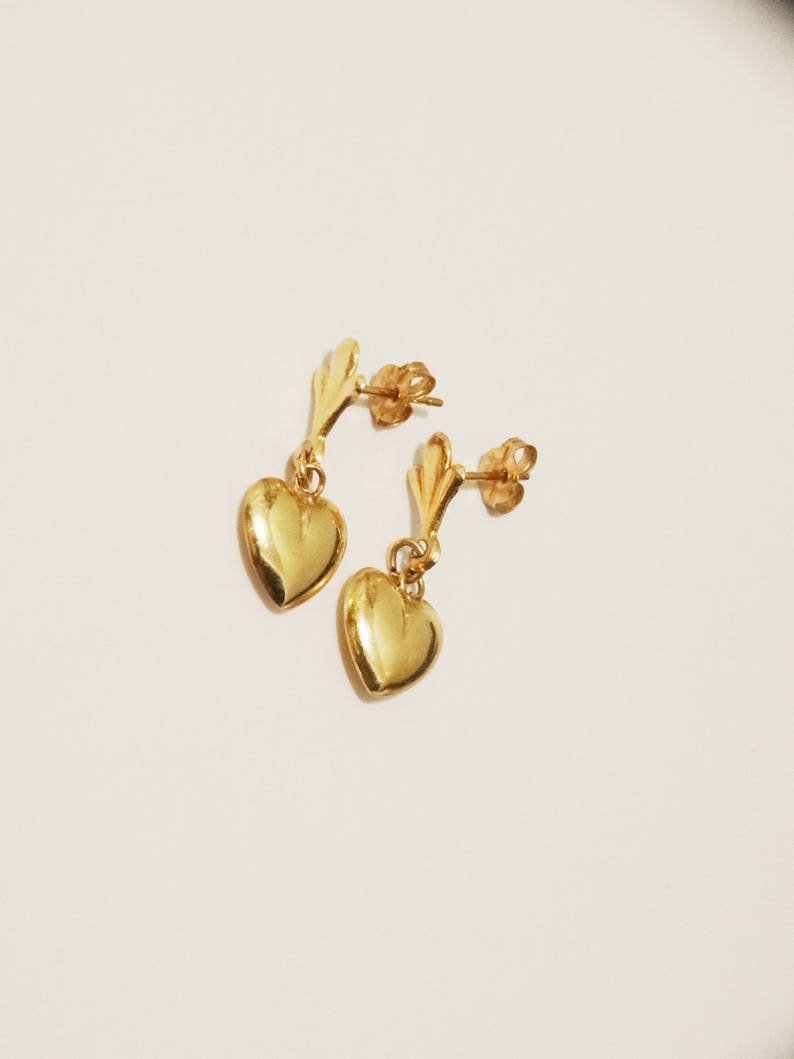 14k Yellow Gold Dangling Heart Earrings image 5