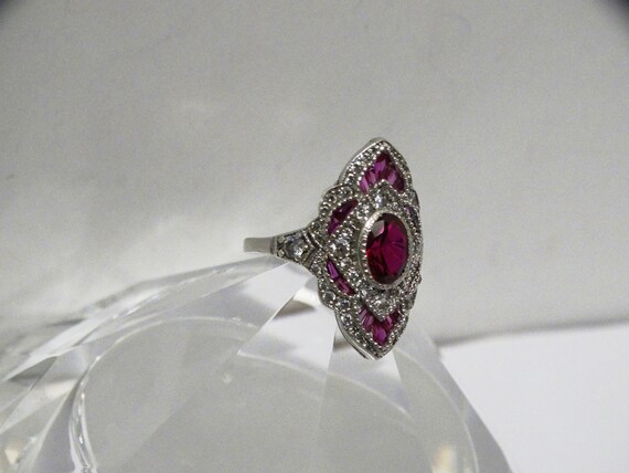 14k White Gold Ruby Baguettes and oblong Stone Ri… - image 10