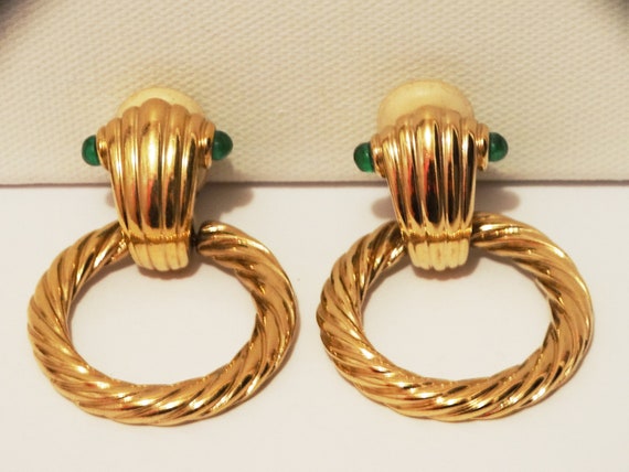 Gold Tone Green Cabochon Glass Stone Door Knoker C