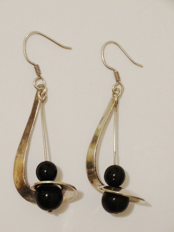 Sterling Silver Black Onyx Bead Modernist Danglin… - image 1