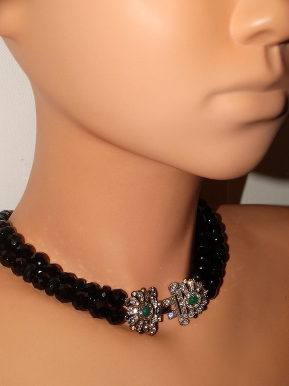 Double Strand Black Faceted Glass Bead And Rhines… - image 5