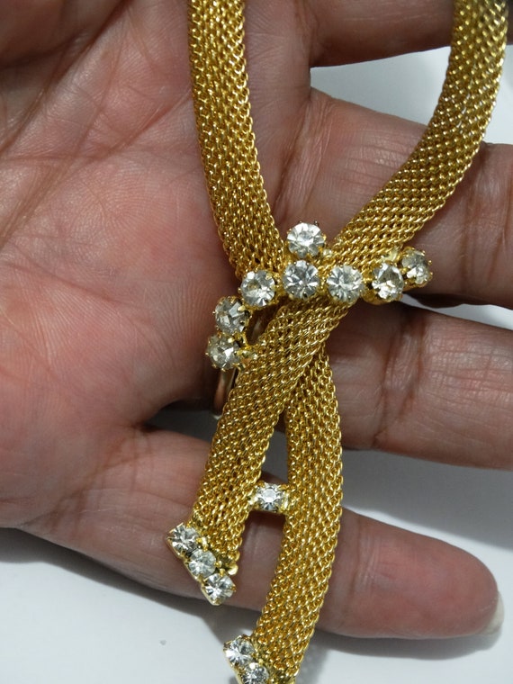 Gold Tone Mesh Design Rhinestone Choker Necklace.