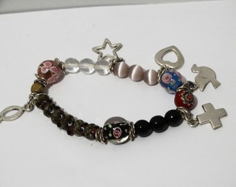 Sterling Silver Charms Stretchy Bracelet Hand Made Glass Bead.