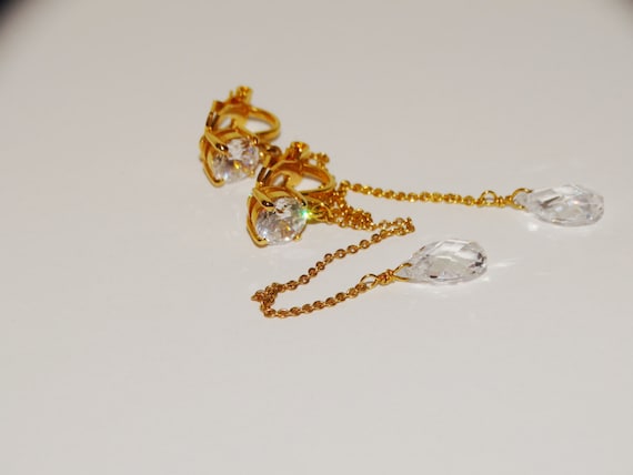 Gold Tone Faceted Crystal 3" Dangling Clip-on Ear… - image 1