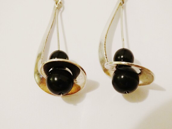 Sterling Silver Black Onyx Bead Modernist Danglin… - image 4