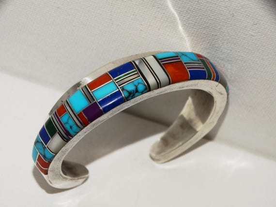 RARE Navajo DD Sterling Signed Genuine Inlaid Stone Cuff Bracelet