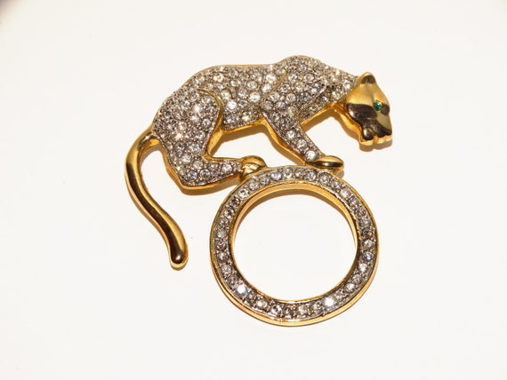 Gold Tone & Sparkling Rhinestone Green Eye Leopar… - image 2