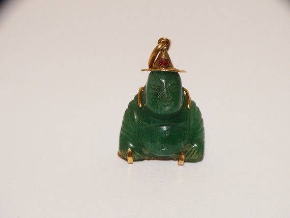 14k Gold Green Jade Buddha Pendant. - image 2