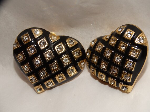 Gold Tone Black Enamel & Rhinestone Heart Clip On… - image 4