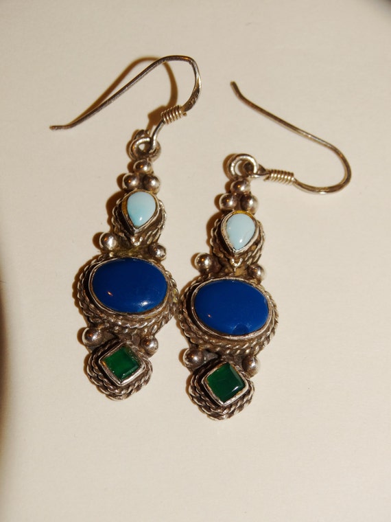 Sterling Silver Multicolor Stone  1 1/4" Earrings. - image 2