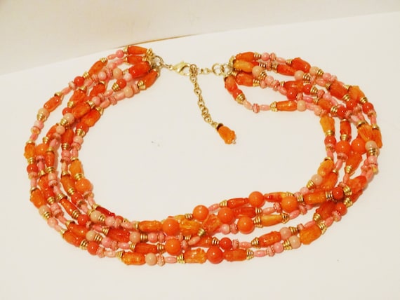 Salmon/Orange Five Strand Plastic Necklace. - image 5