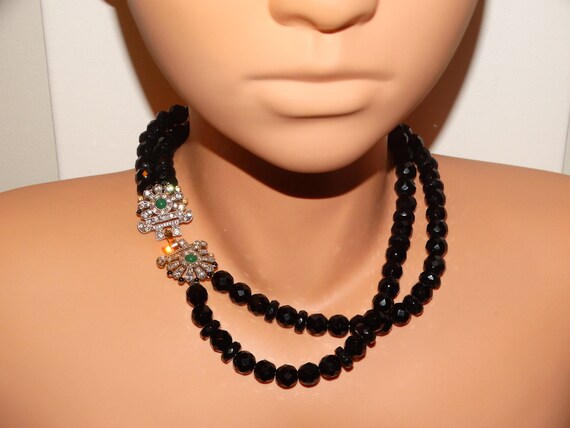 Double Strand Black Faceted Glass Bead And Rhines… - image 9