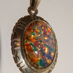 Sterling Silver Signed Faux Opal Large Pendant.