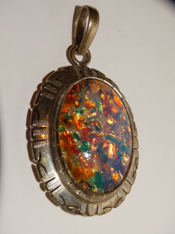 Sterling Silver Signed Faux Opal Large Pendant.