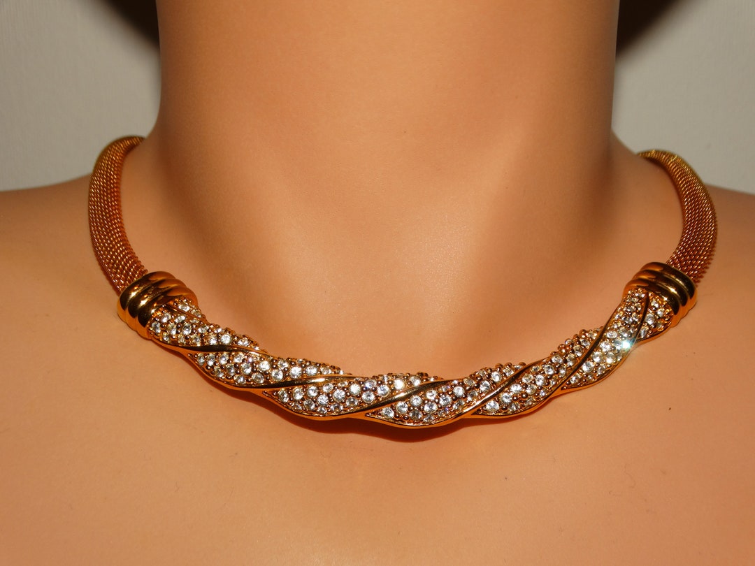 アクセサリー Swarovski Gold Neckless Swarovski Gold Plated Swan Logo Signed Crystal Mesh Choker