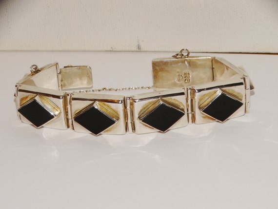 Sterling Silver 7.5" Rectangular Onyx Panel Brace… - image 2