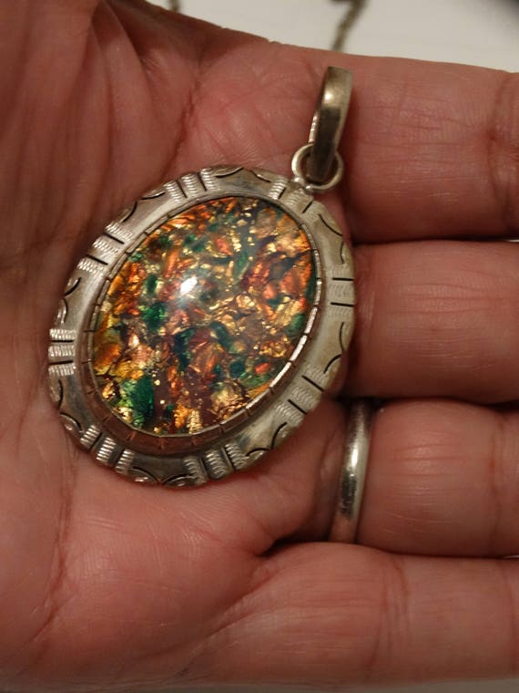 Sterling Silver Signed Faux Opal Large Pendant. - image 7