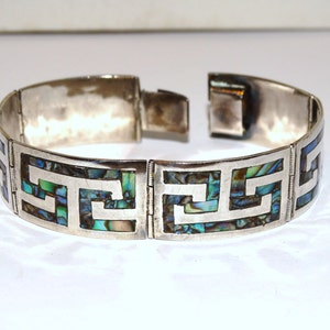 1940s 1950s Sterling Mexican Inlaid Abalone, 8&quot; Bracelet.