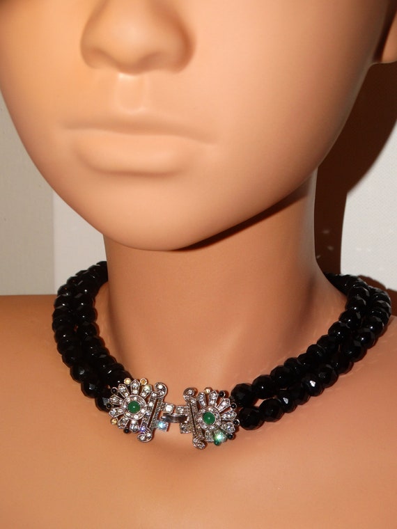 Double Strand Black Faceted Glass Bead And Rhines… - image 4