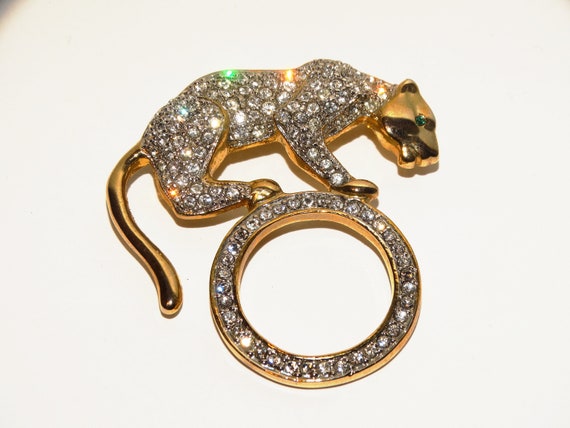 Gold Tone & Sparkling Rhinestone Green Eye Leopar… - image 7