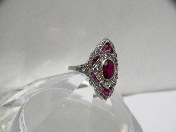 14k White Gold Ruby Baguettes and oblong Stone Ri… - image 1
