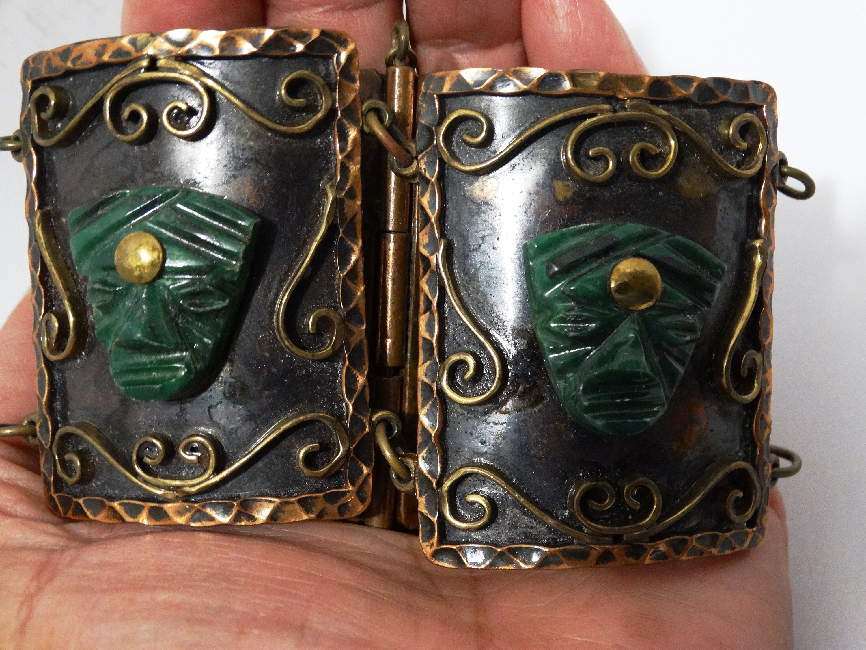 Mexican Made Copper & Carved Jade Maya Bracelet. - Etsy