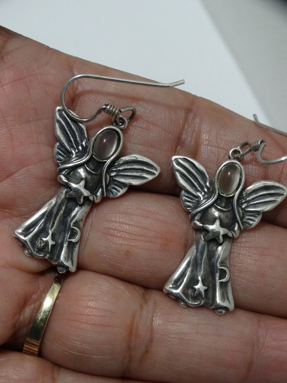 Sterling Silver Stamped Glass Face Angel Earrings. - image 4