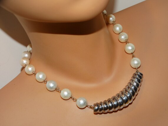 Solid Sterling Silver Center Piece Faux Pearl Nec… - image 2