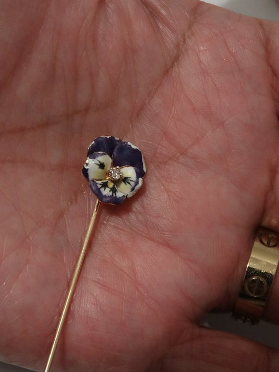 Art Nouveau 14k Genuine Diamond Enamel Pansy Stick