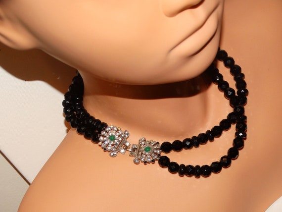 Double Strand Black Faceted Glass Bead And Rhines… - image 2